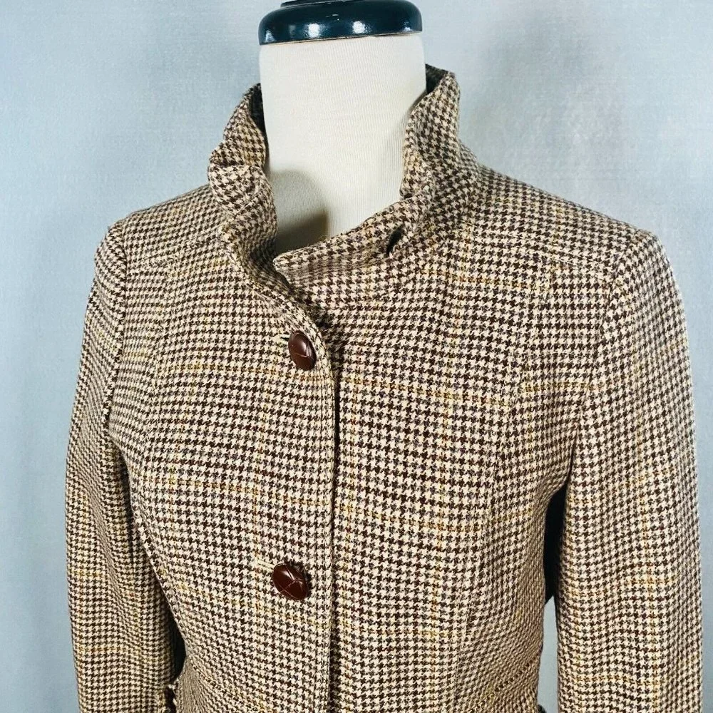 J Crew Blazer Womens Brown Wool Blend Houndstooth Jacket Ruffle - Picture 4 of 12